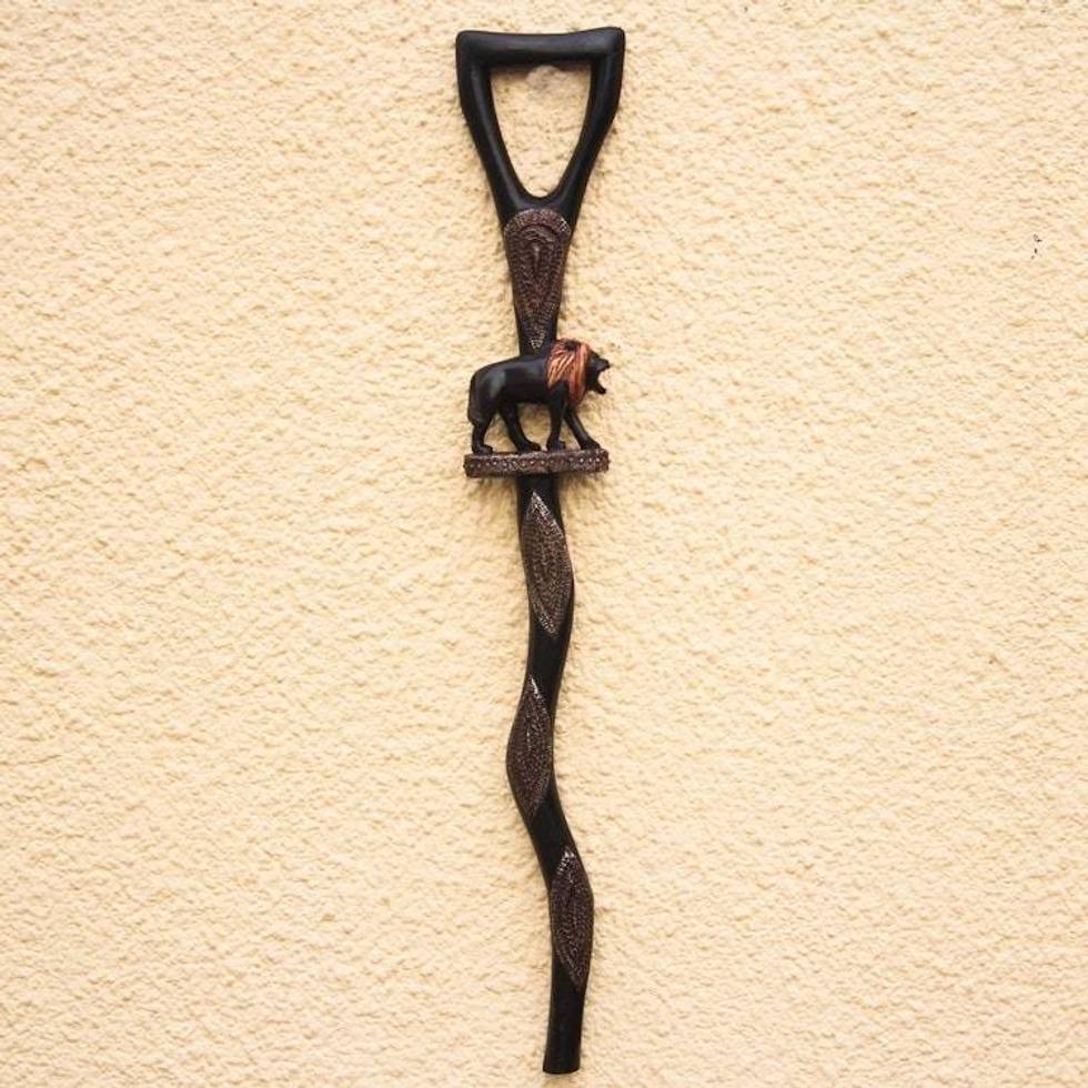 Lion-Themed Wood and Aluminum Walking Stick from Ghana 'Strolling Lion'