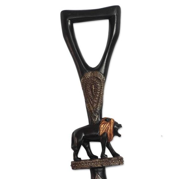 Alternate image for Lion-Themed Wood and Aluminum Walking Stick from Ghana Strolling Lion