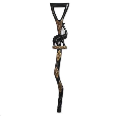 Alternate image for Elephant-Themed Wood and Aluminum Walking Stick from Ghana Strolling Elephant