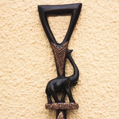 Alternate image for Elephant-Themed Wood and Aluminum Walking Stick from Ghana Strolling Elephant