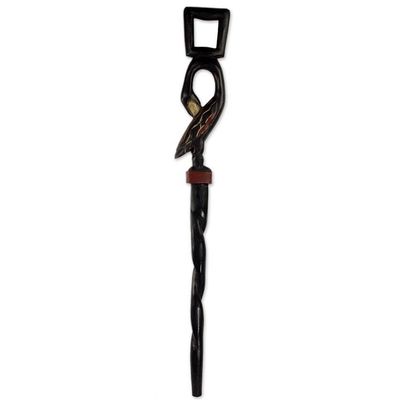 Alternate image for Hand Carved Wood Walking Stick Featuring Bird Motif Handle Tracing Roots