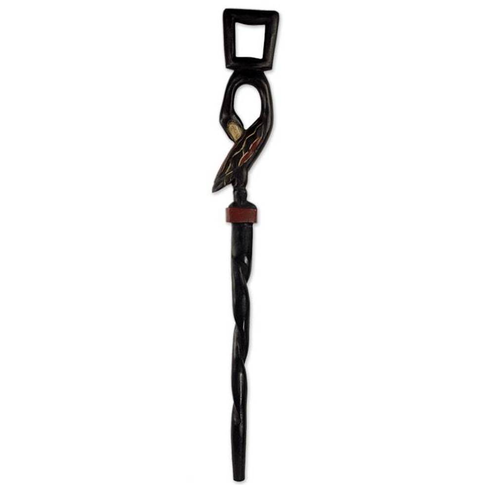 Hand Carved Wood Walking Stick Featuring Bird Motif Handle 'Tracing Roots'