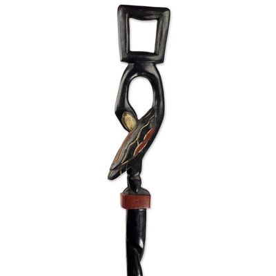 Alternate image for Hand Carved Wood Walking Stick Featuring Bird Motif Handle Tracing Roots