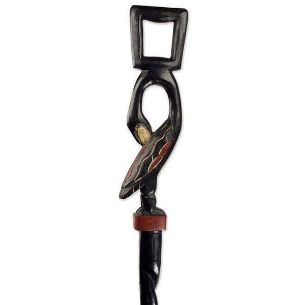 Alternate image for Hand Carved Wood Walking Stick Featuring Bird Motif Handle Tracing Roots