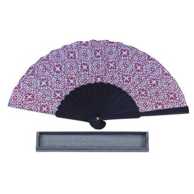 Alternate image for Unique Silk Batik Fan with Floral Print Aster Blue