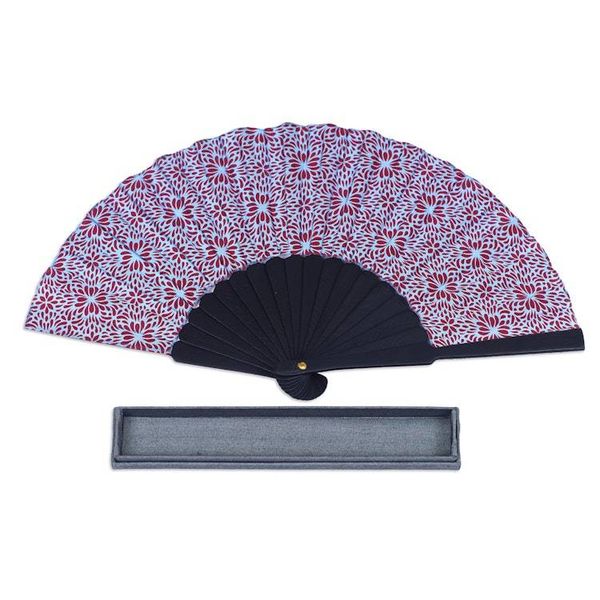 Alternate image for Unique Silk Batik Fan with Floral Print Aster Blue