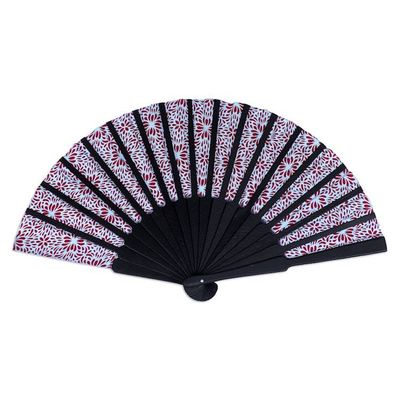 Alternate image for Unique Silk Batik Fan with Floral Print Aster Blue