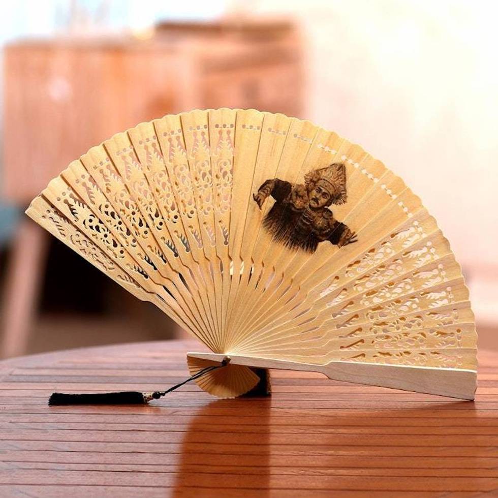 Baris Dance Mahogany Wood Hand Fan from Bali 'Baris Dance'
