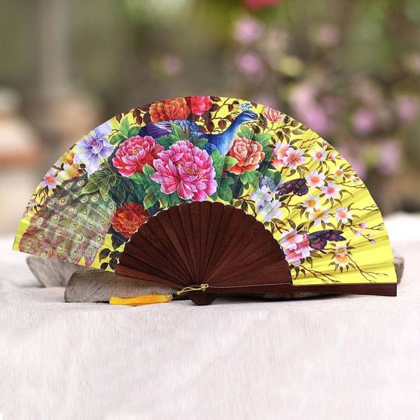 Alternate image for Floral Printed Silk Hand Fan Crafted in Bali Chartreuse Bouquet