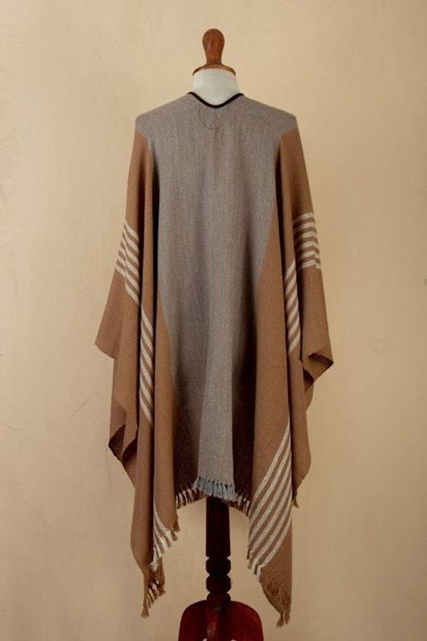 Alternate image for Fringed and Suede Trimmed Baby Alpaca Ruana in Brown  Grey Night Dunes