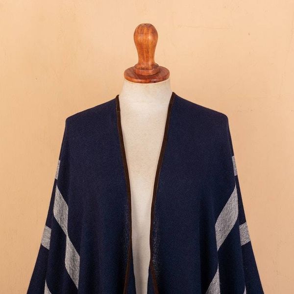 Alternate image for Striped Midnight Soft 100 Baby Alpaca Ruana with Suede Trim Midnight Seasons
