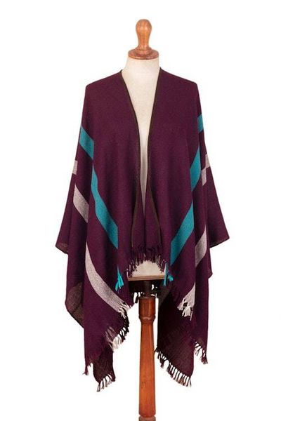 Alternate image for Striped Purple Ruana Woven from 100 Baby Alpaca with Fringe Iris Grape