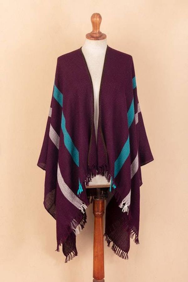 Alternate image for Striped Purple Ruana Woven from 100 Baby Alpaca with Fringe Iris Grape