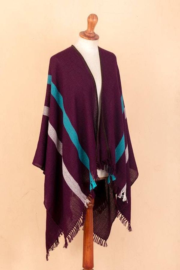 Alternate image for Striped Purple Ruana Woven from 100 Baby Alpaca with Fringe Iris Grape