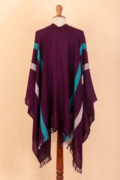 Alternate image for Striped Purple Ruana Woven from 100 Baby Alpaca with Fringe Iris Grape