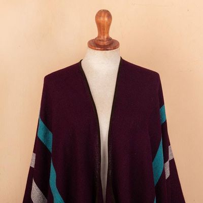 Alternate image for Striped Purple Ruana Woven from 100 Baby Alpaca with Fringe Iris Grape