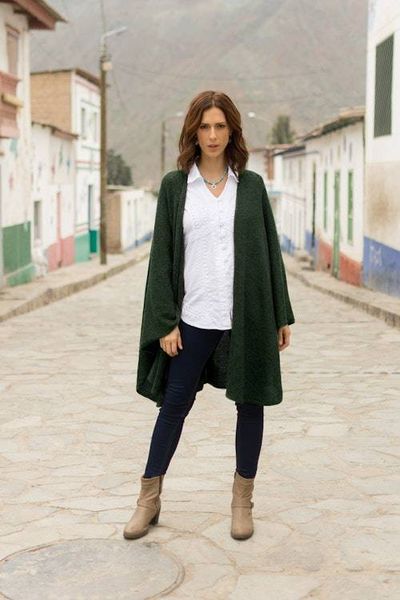 Alternate image for Textured Knit Alpaca Blend Ruana in Green Hues from Peru Amazon Green