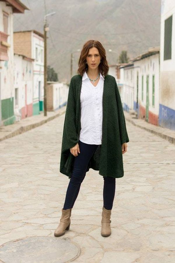 Alternate image for Textured Knit Alpaca Blend Ruana in Green Hues from Peru Amazon Green
