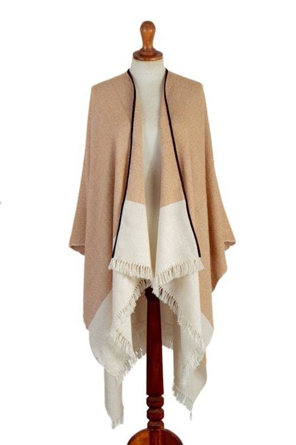 Alternate image for Fringed and Suede Trimmed Baby Alpaca Ruana in Brown White Dreamy Dunes
