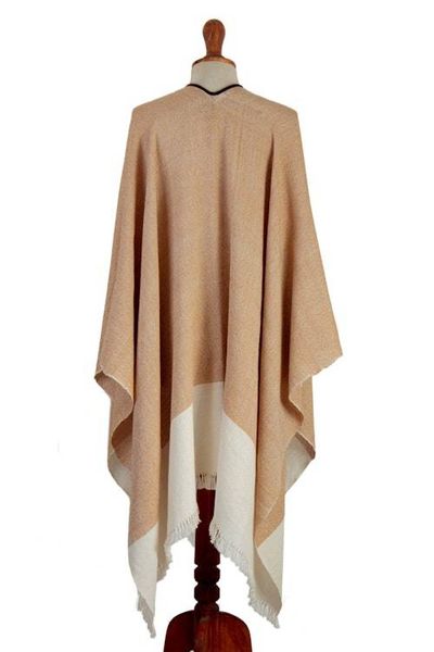 Alternate image for Fringed and Suede Trimmed Baby Alpaca Ruana in Brown White Dreamy Dunes