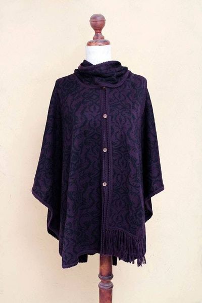 Alternate image for Peruvian Alpaca Blend Purple Ruana Cloak with Scarf Aubergine Arabesques
