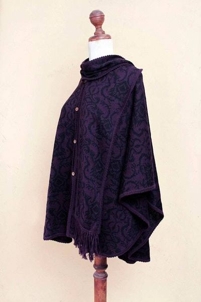 Alternate image for Peruvian Alpaca Blend Purple Ruana Cloak with Scarf Aubergine Arabesques