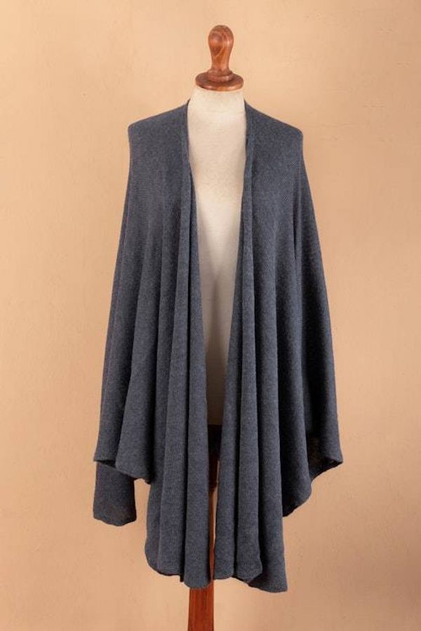 Alternate image for Knit Alpaca Blend Ruana with Textured Crochet Finish in Blue Steel Blue