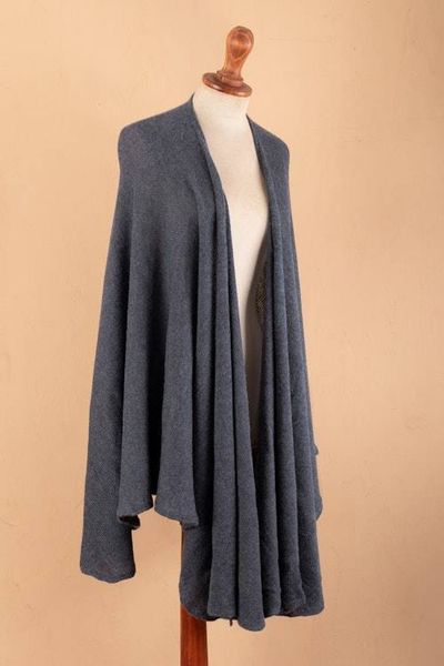 Alternate image for Knit Alpaca Blend Ruana with Textured Crochet Finish in Blue Steel Blue