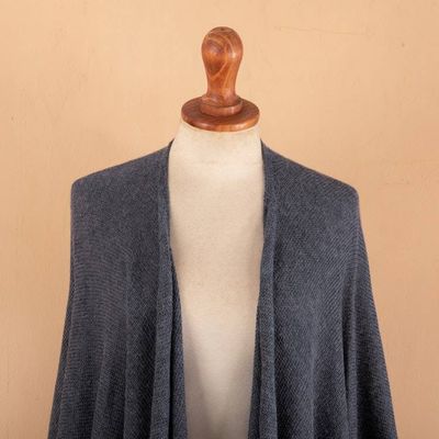 Alternate image for Knit Alpaca Blend Ruana with Textured Crochet Finish in Blue Steel Blue