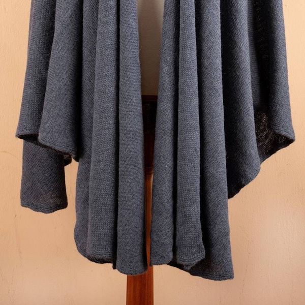 Alternate image for Knit Alpaca Blend Ruana with Textured Crochet Finish in Blue Steel Blue
