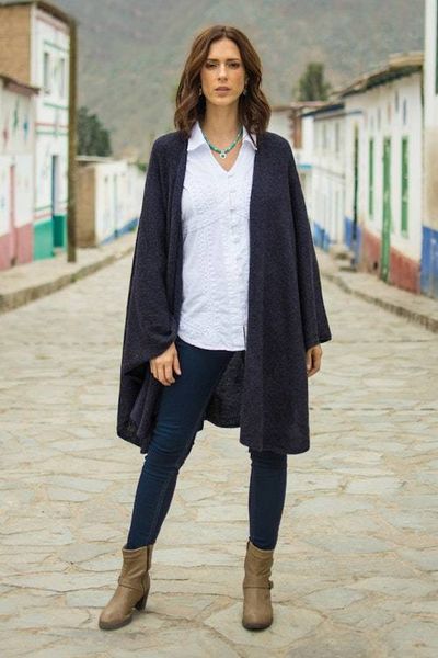 Alternate image for Textured Knit Alpaca Blend Ruana in Blue Shades from Peru Sea Blue