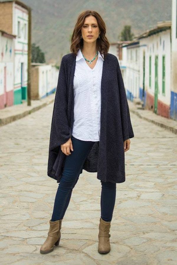 Alternate image for Textured Knit Alpaca Blend Ruana in Blue Shades from Peru Sea Blue