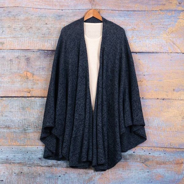 Alternate image for Textured Knit Alpaca Blend Ruana in Blue Shades from Peru Sea Blue