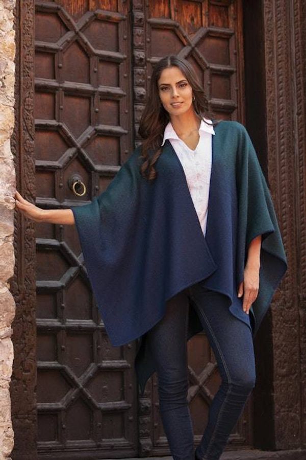Alternate image for Reversible Alpaca Blend Ruana in Navy and Kelly Green Andean Vistas