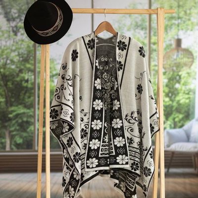 Alternate image for Reversible Alpaca Blend Ruana in Black and White from Peru Inca Garden in Black
