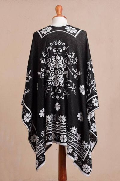 Alternate image for Reversible Alpaca Blend Ruana in Black and White from Peru Inca Garden in Black