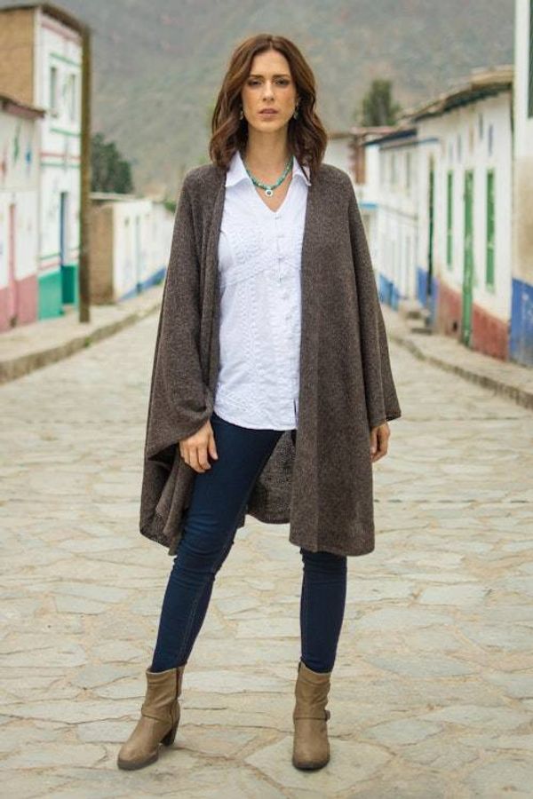 Alternate image for Artisan Crafted Alpaca Blend Wrap Ruana Brown Tweed