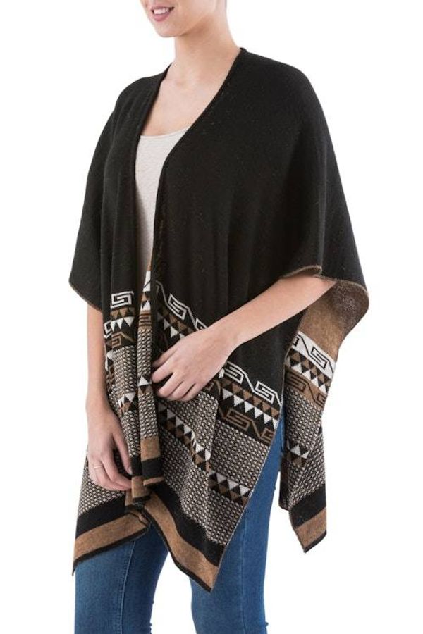 Alternate image for Reversible Alpaca Blend Ruana in Black and Golden Brown Incan Kingdom in Golden Brown