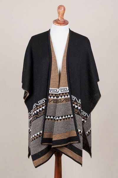 Alternate image for Reversible Alpaca Blend Ruana in Black and Golden Brown Incan Kingdom in Golden Brown