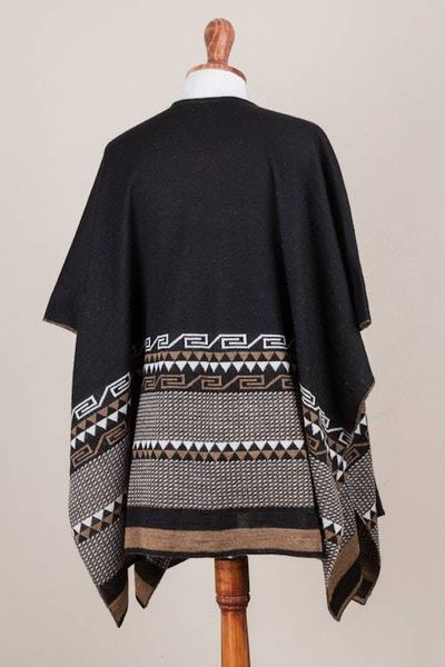 Alternate image for Reversible Alpaca Blend Ruana in Black and Golden Brown Incan Kingdom in Golden Brown