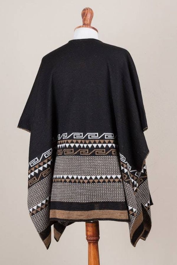 Alternate image for Reversible Alpaca Blend Ruana in Black and Golden Brown Incan Kingdom in Golden Brown