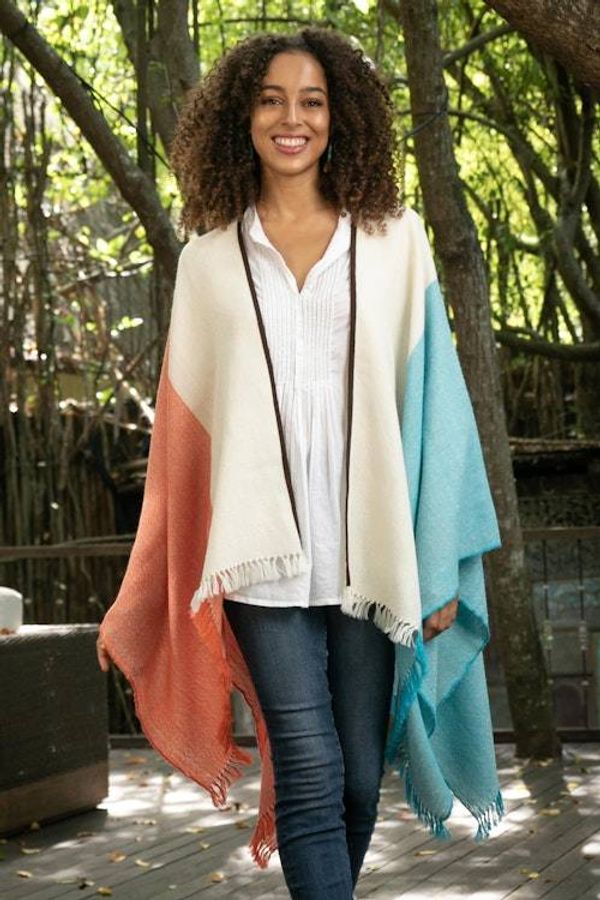 Alternate image for Tri-Color Suede Trimmed 100 Baby Alpaca Ruana from Peru Majestic Combination