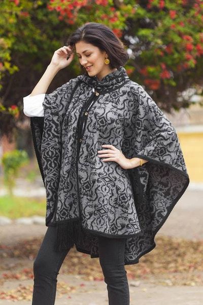 Alternate image for Alpaca Blend Grey and Black Ruana with Scarf Peruvian Wildflower in Grey
