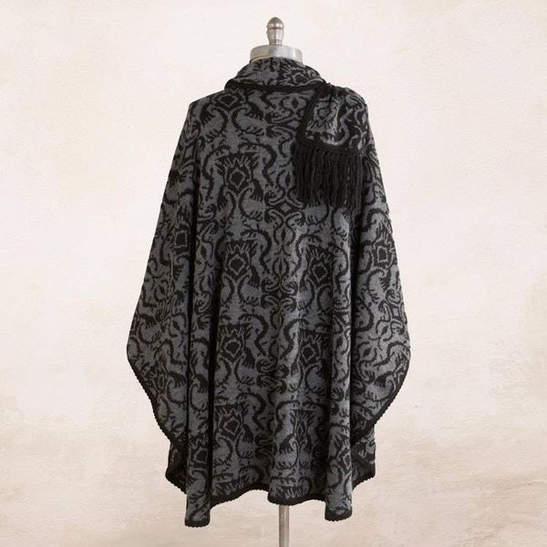 Alternate image for Alpaca Blend Grey and Black Ruana with Scarf Peruvian Wildflower in Grey