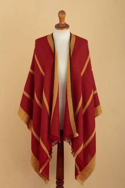 Alternate image for Red  Yellow Striped Ruana Woven from 100 Baby Alpaca Red  Yellow