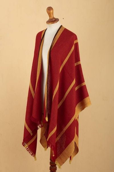 Alternate image for Red  Yellow Striped Ruana Woven from 100 Baby Alpaca Red  Yellow