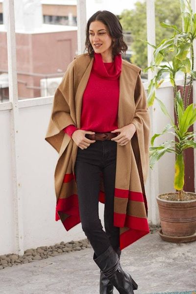 Alternate image for Red Trim Generous Tan Baby Alpaca Roana Cloak from Peru Regal Fashion Chic