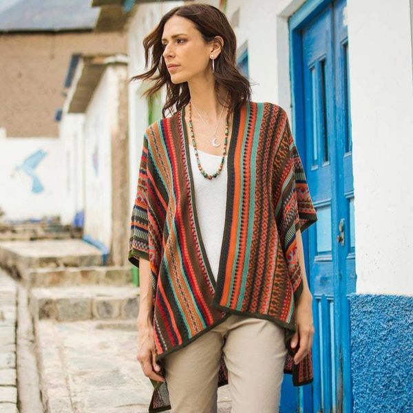 Alternate image for Multi-Color Striped Knit Layering Ruana Desert Strata