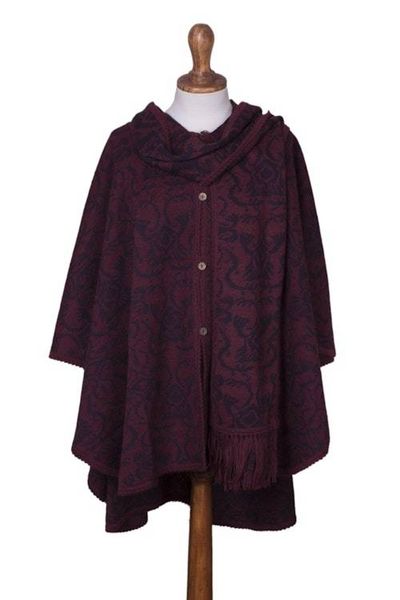 Alternate image for Alpaca Blend Wine and Purple Ruana with Scarf Peruvian Wildflower in Red