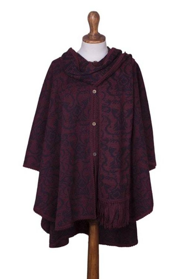Alternate image for Alpaca Blend Wine and Purple Ruana with Scarf Peruvian Wildflower in Red